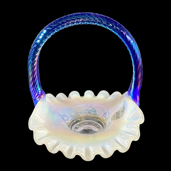 Vintage Fenton Mini Basket Grape & Vine Ruffled Opalescent w/Iridescent Handle - Picture 5 of 14
